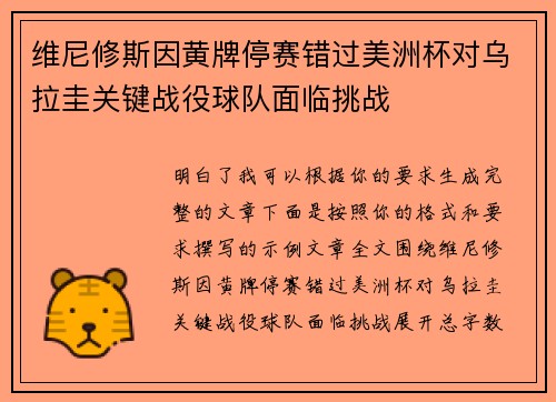 维尼修斯因黄牌停赛错过美洲杯对乌拉圭关键战役球队面临挑战